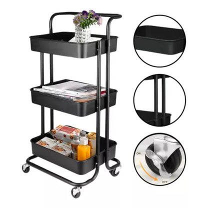 Carrito organizador multiusos color negro✨ Tiene 3 niveles y es en acero inoxidable