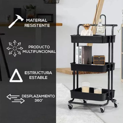 Carrito organizador multiusos color negro✨ Tiene 3 niveles y es en acero inoxidable