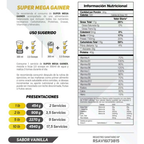 Proteína Hipercalórica SUPER MEGA GAINER de 2LB sabor a vainilla💥HOY CON 50% DCTO